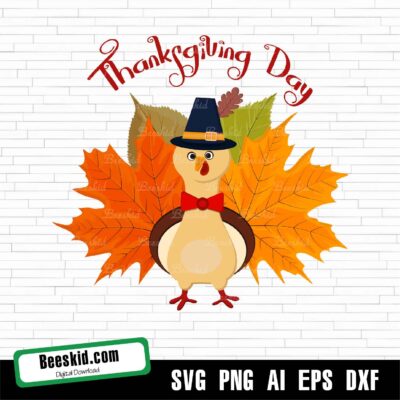 Thanksgiving Day. Bird With Autumn Leave Svg