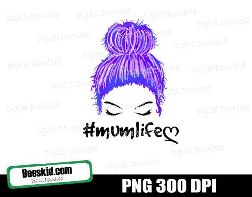 Mum life heart png,messy bun Cricut,blue mixed purple Hair png, Girl with Lashes png, Messy Bun Face png, Eyelashes,mum lashes,mum messy bun png,mum face png