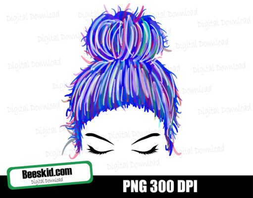 Girl Face Eyelashes ,Mom Life PNG blue mixed white hair, Girl Face Eyelashes Messy Bun PNG, Sublimation Design Downloads - Commercial Use