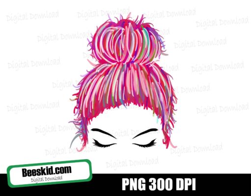 Girl Face Eyelashes ,Mom Life PNG pink mixed hair, Girl Face Eyelashes Messy Bun PNG, Sublimation Design Downloads - Commercial Use