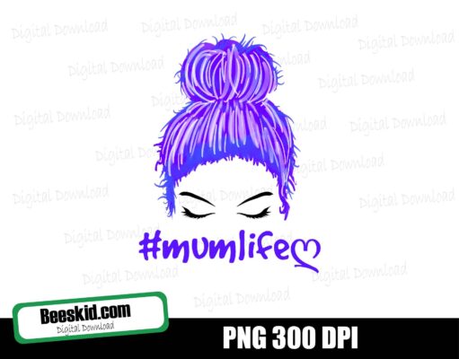 Mum life Girl PNG ,Face Eyelashes ,Mum Life PNG blue mixed purple hair, Girl Face Messy Bun PNG, Sublimation Design Downloads, -Printable, Cricut & Silhouette cut file - Commercial Use