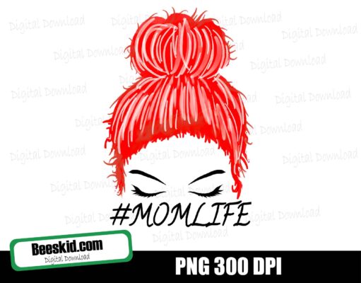 Mum life Girl PNG ,Face Eyelashes ,Mum Life PNG red mixed hair, Girl Face Messy Bun PNG, Sublimation Design Downloads, -Printable, Cricut & Silhouette cut file - Commercial Use
