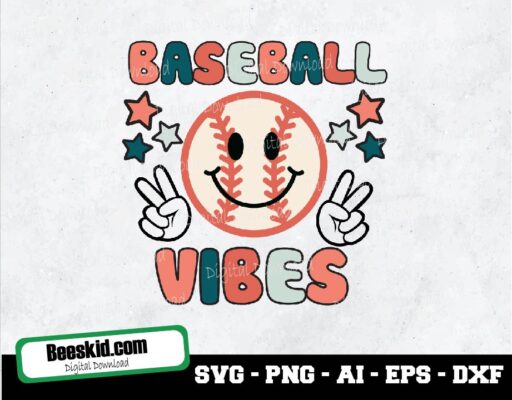 Baseball Svg, Baseball Vibes Svg, Retro Smiley Face Svg, Baseball Sublimation Design Transfer, Sports Svg, Summer Svg, Retro Baseball Svg