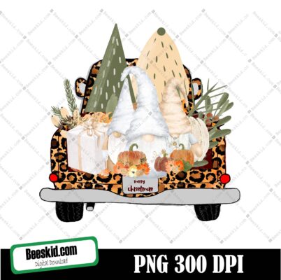 Merry Christmas - Fall Y'all Truck Gnome Pumpkin Leopard, Western Gnomes Png, Digital Download